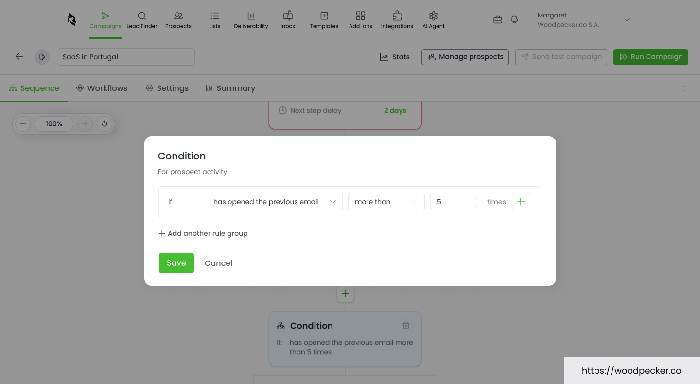 Condition-based campaign builder in Woodpecker